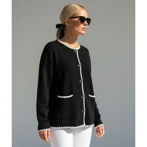 NEW Black Size Large Scalloped Trim Button Front Knit Cardigan Sweater